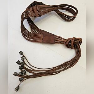 STREETS AHEAD of LA Brown Leather Hippie Boho Tie Belt  With Siver Charms Size L
